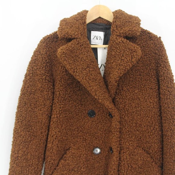 Zara Teddy Bear Coat XS NEW Women Brown Fuzzy Winter Jacket Faux Shearling - Picture 3 of 10